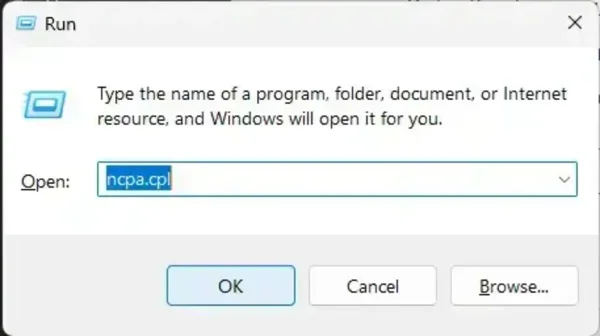 Win+R ncpa.cpl
