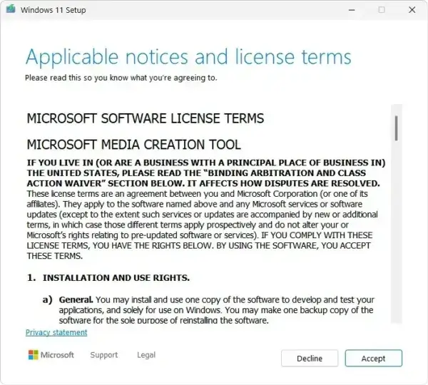 Windows 11 Media Creation Tool Accept License Screen