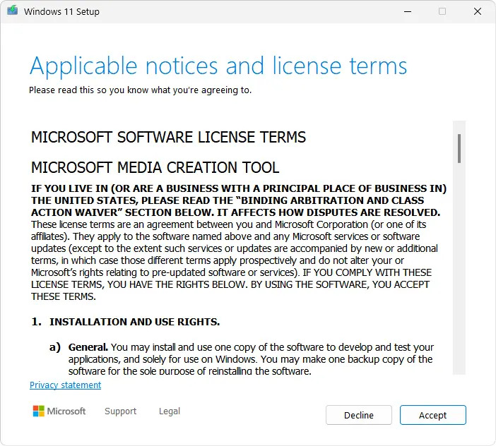 Windows 11 Media Creation Tool Accept License