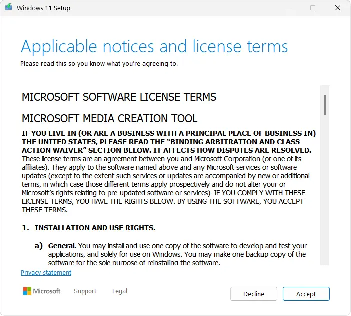 Windows 11 Media Creation Tool Accept License Screen