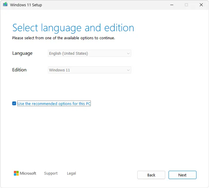 Windows 11 Media Creation Tool Select Language and Edition Screen