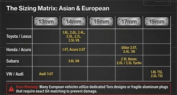Common Asian and European oil drain plug sizes