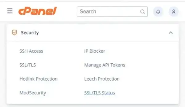cPanel Security SSL/TLS Status