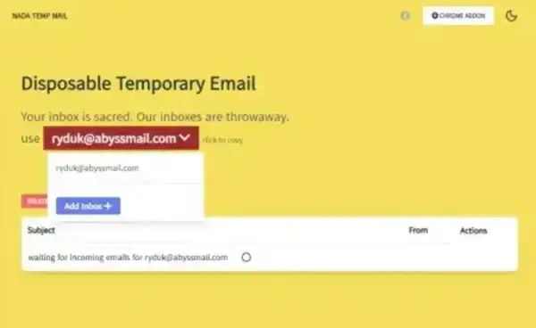NADA temporary disposable email service screenshot
