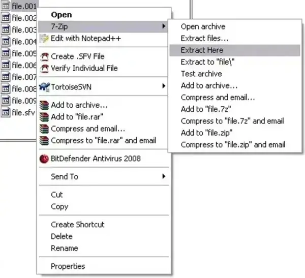 extract and open 001 files using 7-Zip